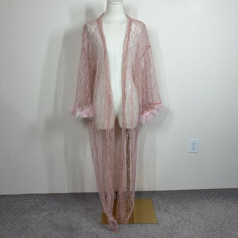 Lace Robe Womens Medium Pink Sheer Feather Trim Kimono Lingerie Duster